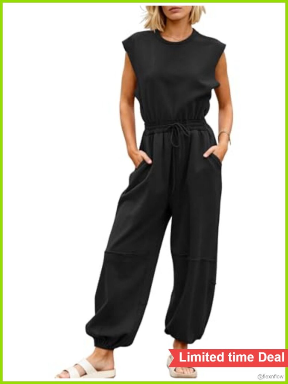 Cotton Blend Jumpsuit Cap Sleeve Drawstring Waist Pockets Casual One Piece